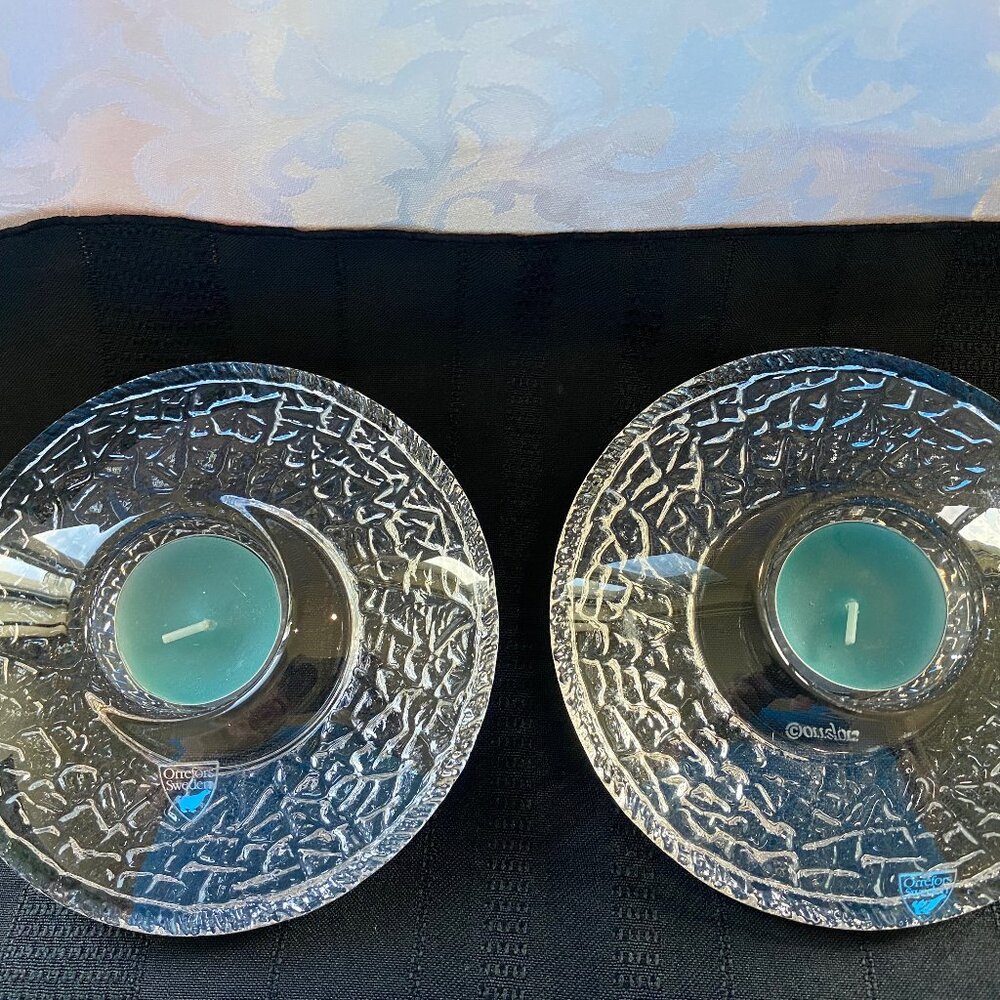 Pair of Orrefors Crystal Discus Votive/Tealights/Candle Holders